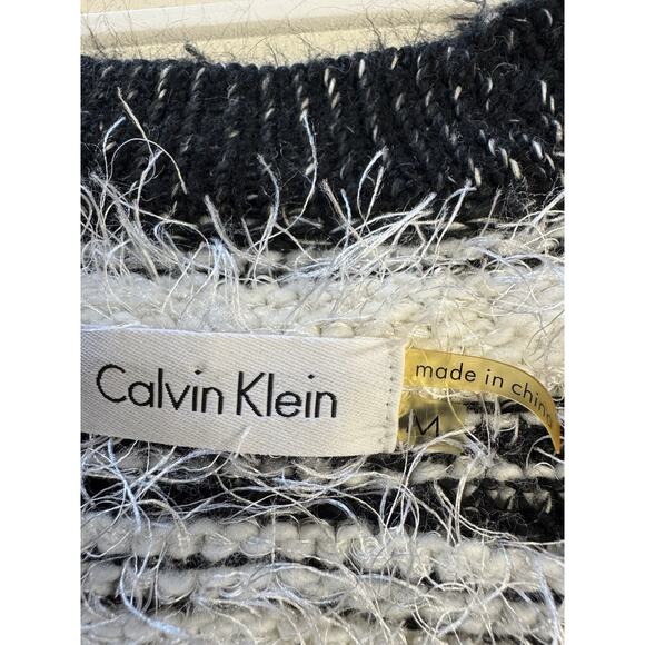 Calvin Klein Black White Striped Open Front Fuzzy Cardigan Sweater Size Medium - Picture 3 of 6